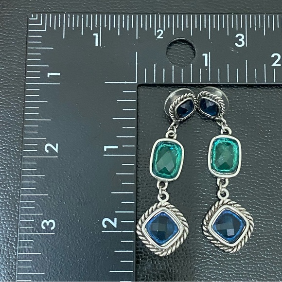 Unsigned Green & Blue Rhinestones Drop Dangle Earrings 11.5g - Picture 7 of 12